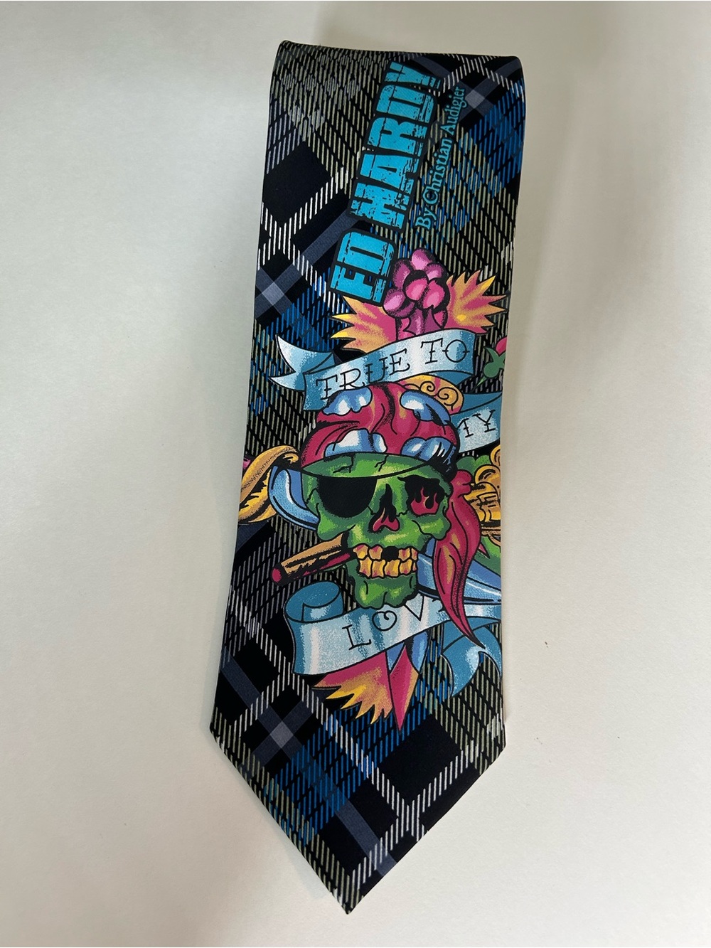 Ed Hardy Black Plaid True To My Love Silk Tie with Multicolor Skull Graphic